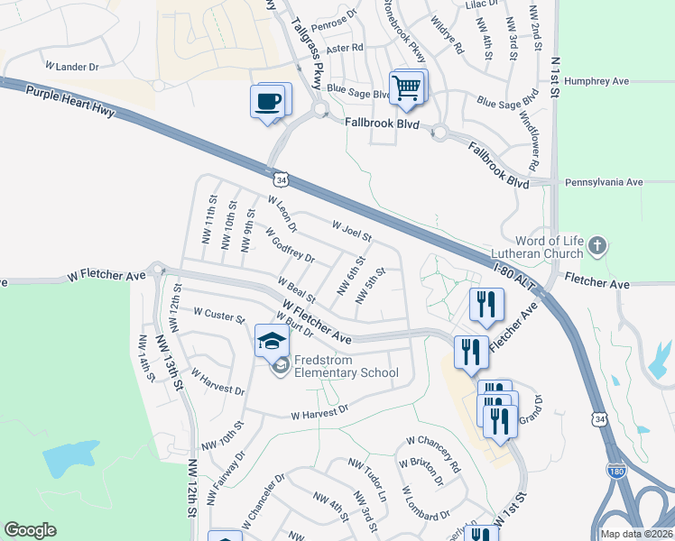 map of restaurants, bars, coffee shops, grocery stores, and more near 6130 Northwest 7th Street in Lincoln