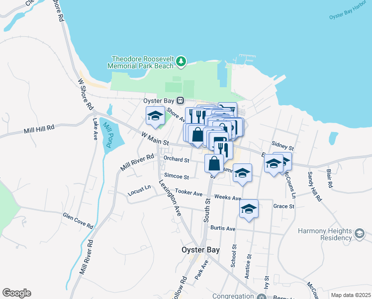 map of restaurants, bars, coffee shops, grocery stores, and more near 53 Spring Street in Oyster Bay