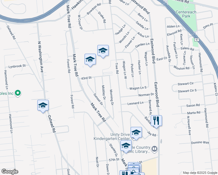 map of restaurants, bars, coffee shops, grocery stores, and more near 40 Morning Drive in Centereach