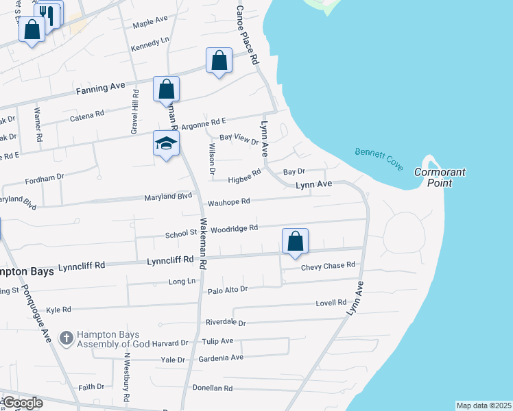 map of restaurants, bars, coffee shops, grocery stores, and more near 20 Wauhope Road in Hampton Bays