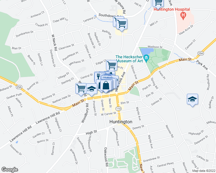 map of restaurants, bars, coffee shops, grocery stores, and more near 27 Wall Street in Huntington