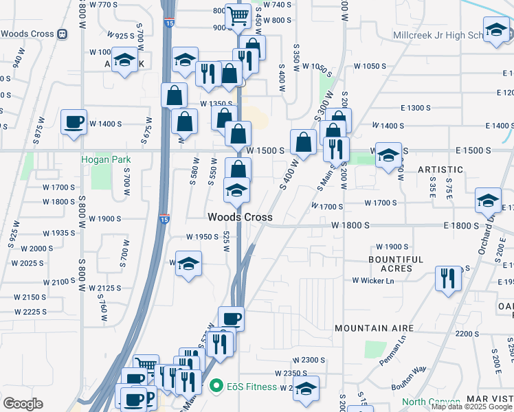 map of restaurants, bars, coffee shops, grocery stores, and more near 1804 South 440 West in Woods Cross