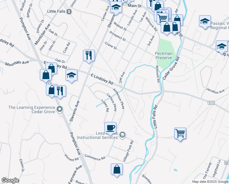 map of restaurants, bars, coffee shops, grocery stores, and more near 83 Anderson Parkway in Cedar Grove