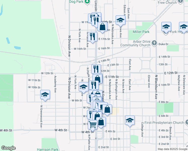 map of restaurants, bars, coffee shops, grocery stores, and more near 1101 North Lincoln Avenue in York