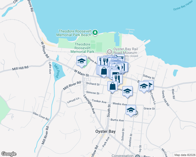 map of restaurants, bars, coffee shops, grocery stores, and more near 53 Spring Street in Oyster Bay