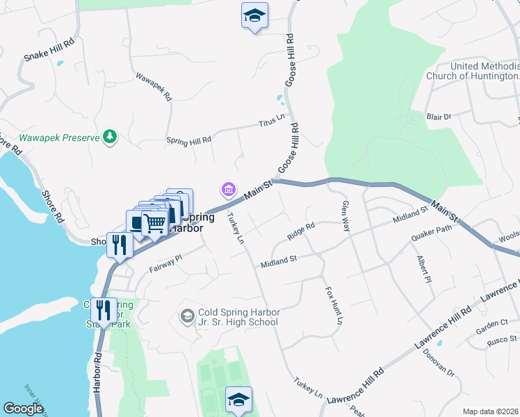 map of restaurants, bars, coffee shops, grocery stores, and more near 27 Grove Street in Cold Spring Harbor
