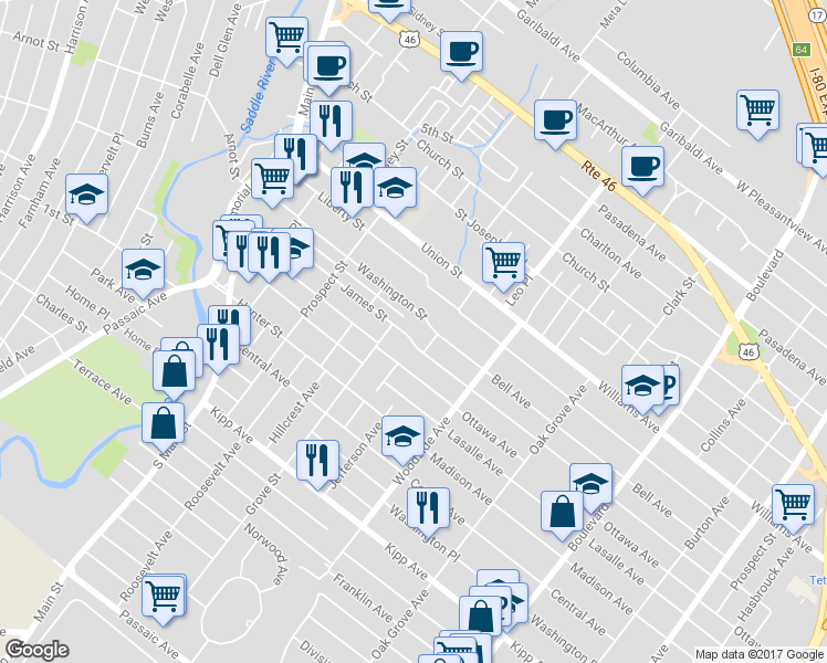 map of restaurants, bars, coffee shops, grocery stores, and more near 135 Paterson Avenue in Lodi