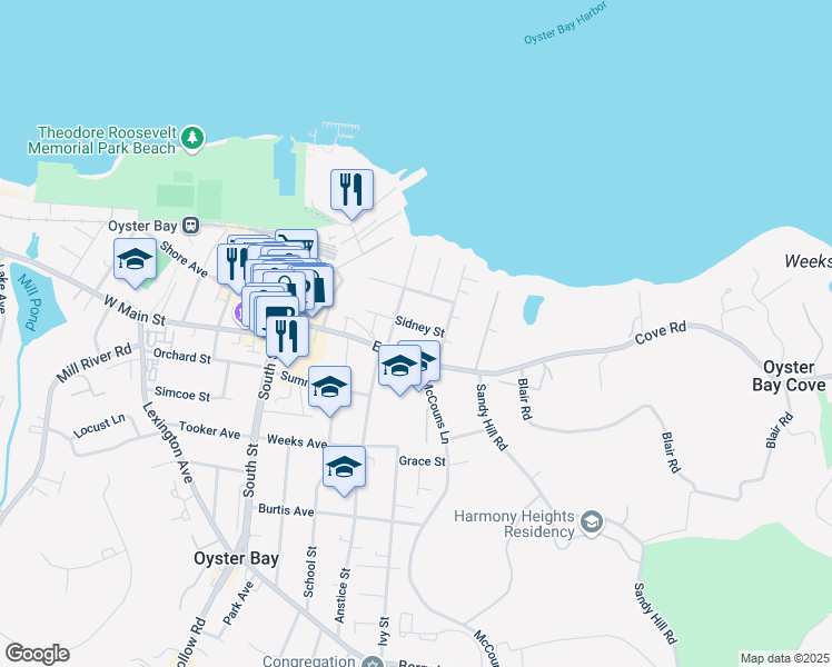 map of restaurants, bars, coffee shops, grocery stores, and more near 156 Sidney Street in Oyster Bay