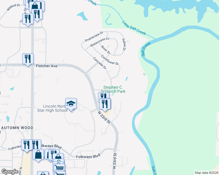 map of restaurants, bars, coffee shops, grocery stores, and more near 6201 North 34th Street in Lincoln