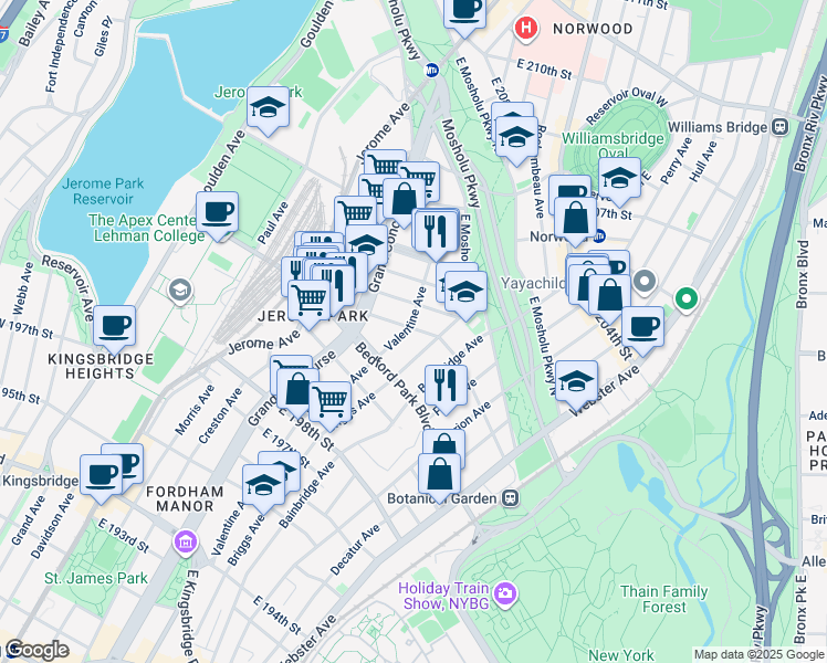 map of restaurants, bars, coffee shops, grocery stores, and more near 240 East 201st Street in Bronx