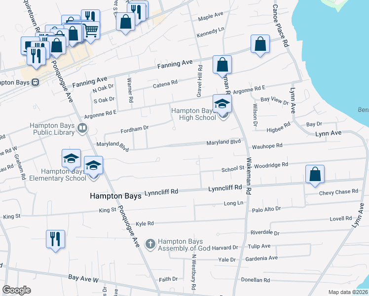 map of restaurants, bars, coffee shops, grocery stores, and more near 54 Maryland Boulevard in Hampton Bays