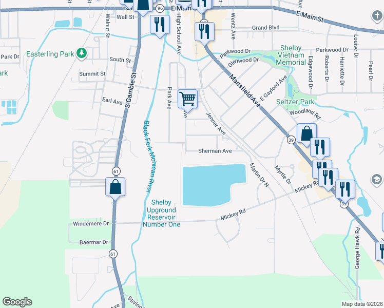 map of restaurants, bars, coffee shops, grocery stores, and more near 38 Sherman Avenue in Shelby