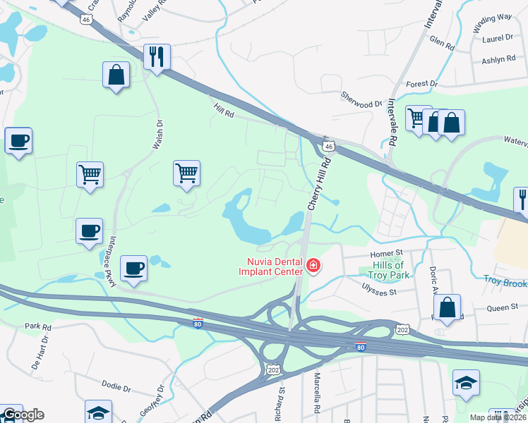 map of restaurants, bars, coffee shops, grocery stores, and more near 11-21 Upper Pond Road in Parsippany-Troy Hills