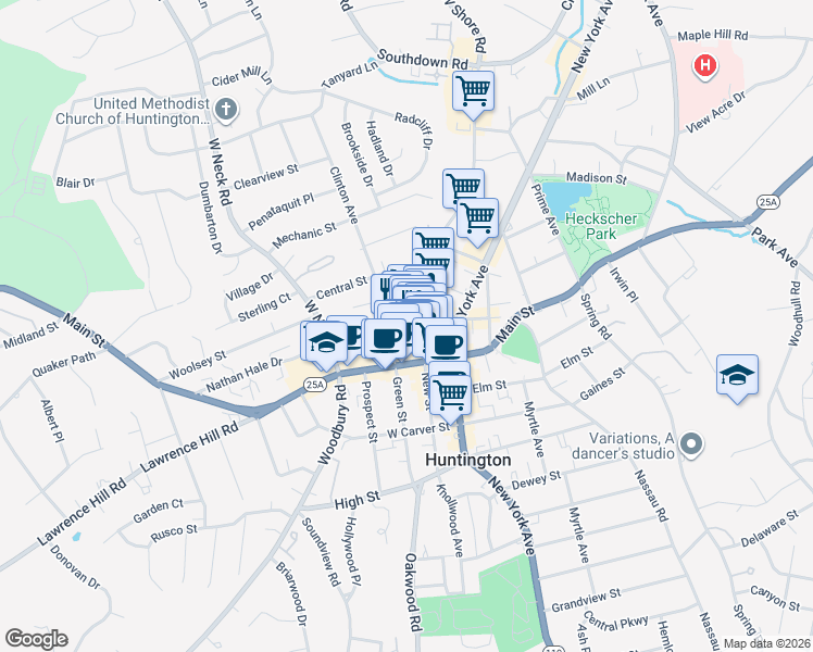 map of restaurants, bars, coffee shops, grocery stores, and more near in Huntington