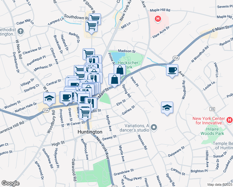 map of restaurants, bars, coffee shops, grocery stores, and more near 11 Platt Place in Huntington