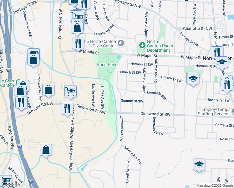 map of restaurants, bars, coffee shops, grocery stores, and more near 505 Middlesworth Avenue Southwest in North Canton