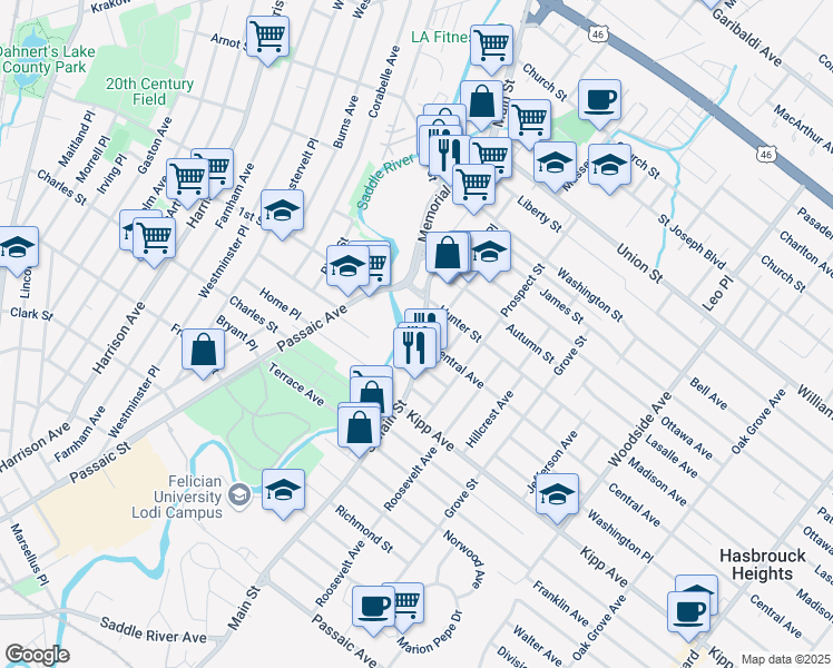 map of restaurants, bars, coffee shops, grocery stores, and more near 44 South Main Street in Lodi