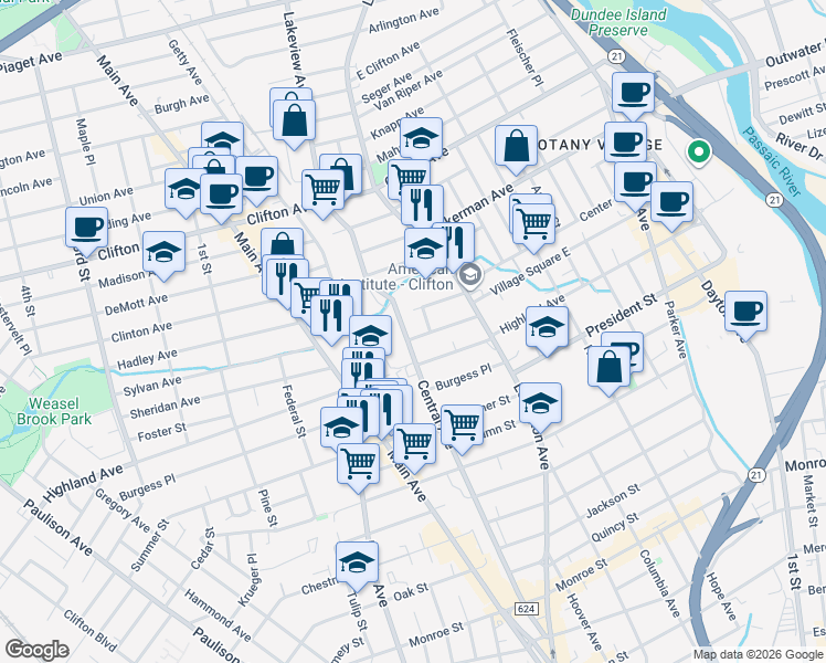 map of restaurants, bars, coffee shops, grocery stores, and more near 1 Central Avenue in Clifton