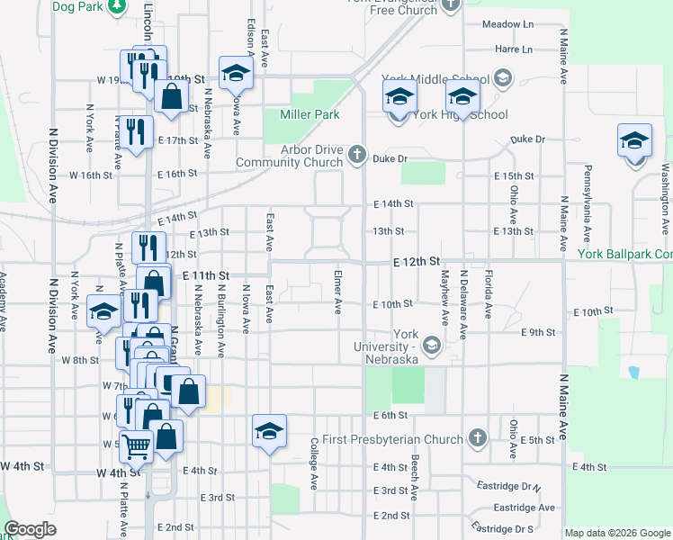 map of restaurants, bars, coffee shops, grocery stores, and more near 1035 Elmer Avenue in York