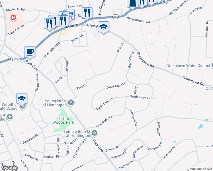 map of restaurants, bars, coffee shops, grocery stores, and more near 110 Turtle Cove Lane in Huntington