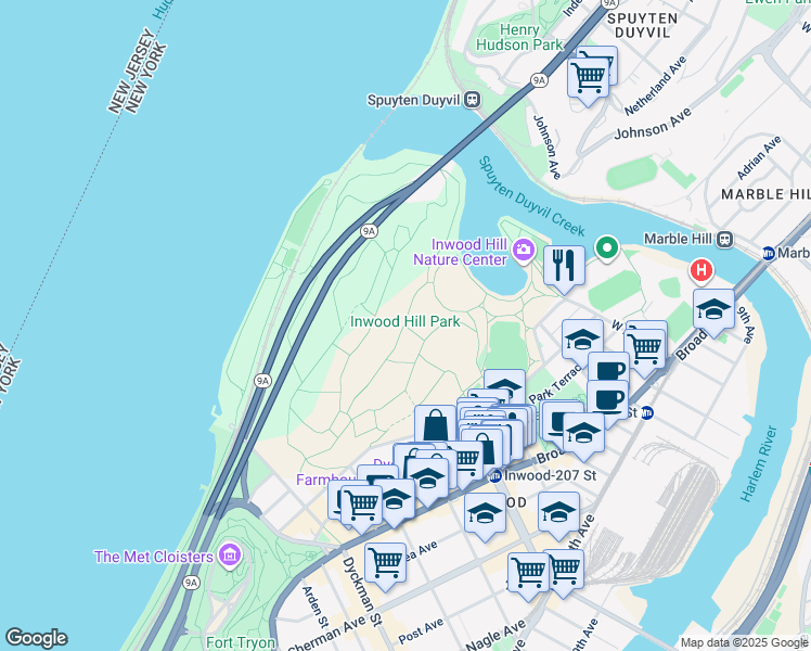 map of restaurants, bars, coffee shops, grocery stores, and more near Seaman Avenue in New York