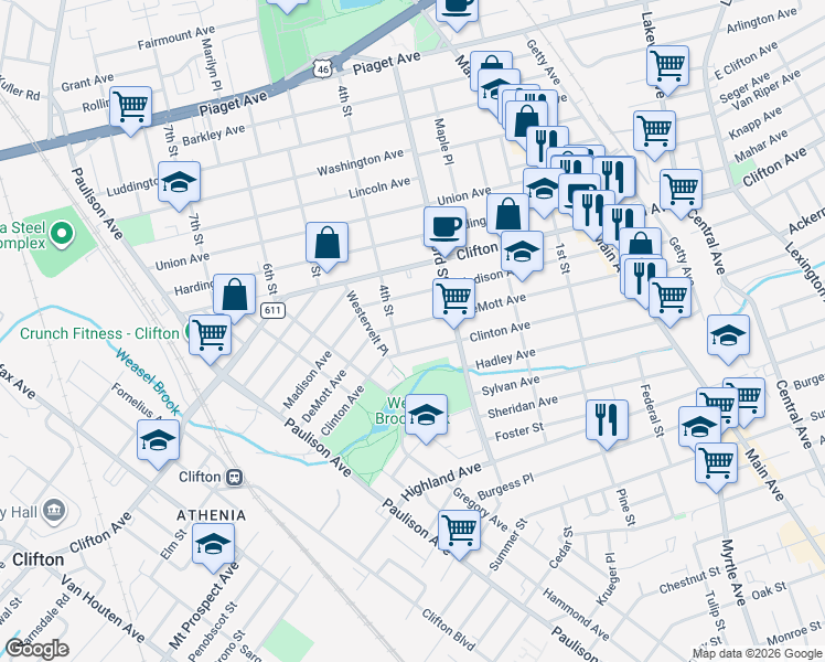 map of restaurants, bars, coffee shops, grocery stores, and more near 185 DeMott Avenue in Clifton