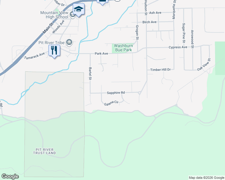 map of restaurants, bars, coffee shops, grocery stores, and more near 37122 Sapphire Road in Burney