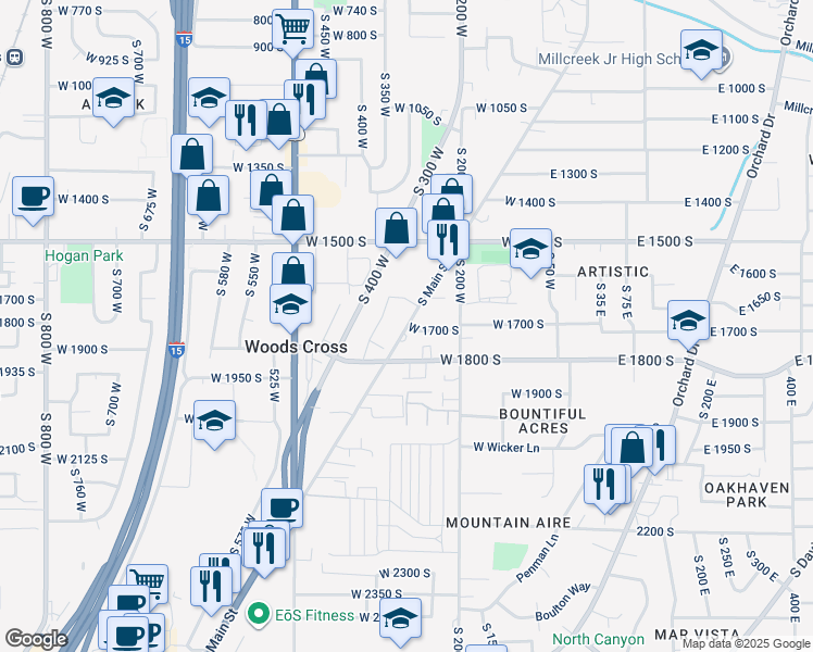 map of restaurants, bars, coffee shops, grocery stores, and more near 1705 South Main Street in Bountiful