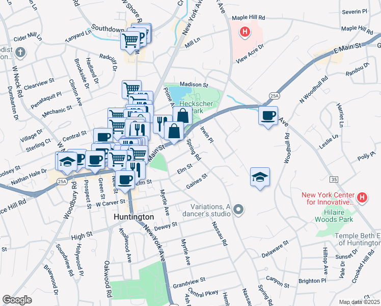 map of restaurants, bars, coffee shops, grocery stores, and more near 37 Spring Road in Huntington
