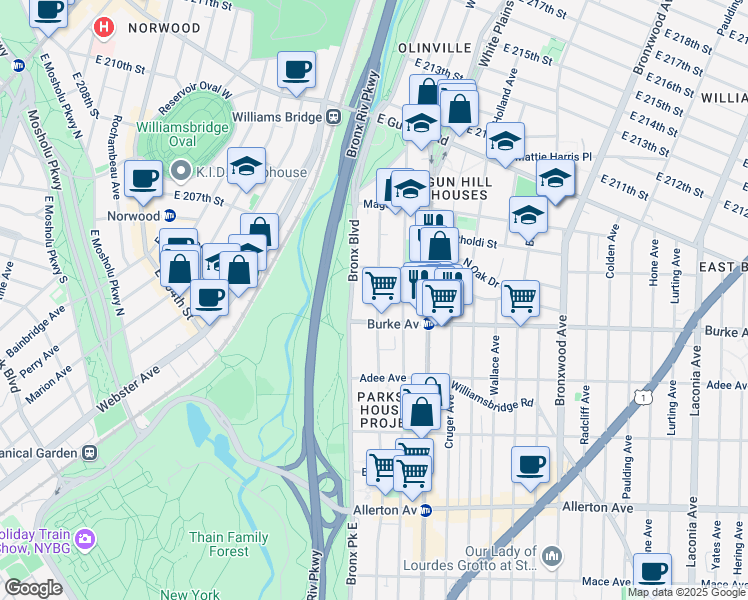 map of restaurants, bars, coffee shops, grocery stores, and more near 3218 Barker Avenue in Bronx