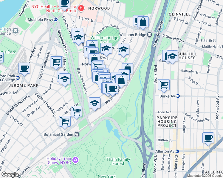 map of restaurants, bars, coffee shops, grocery stores, and more near 3135 Webster Avenue in The Bronx