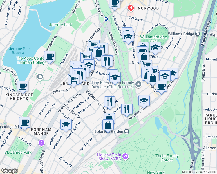 map of restaurants, bars, coffee shops, grocery stores, and more near 275 East 201st Street in Bronx