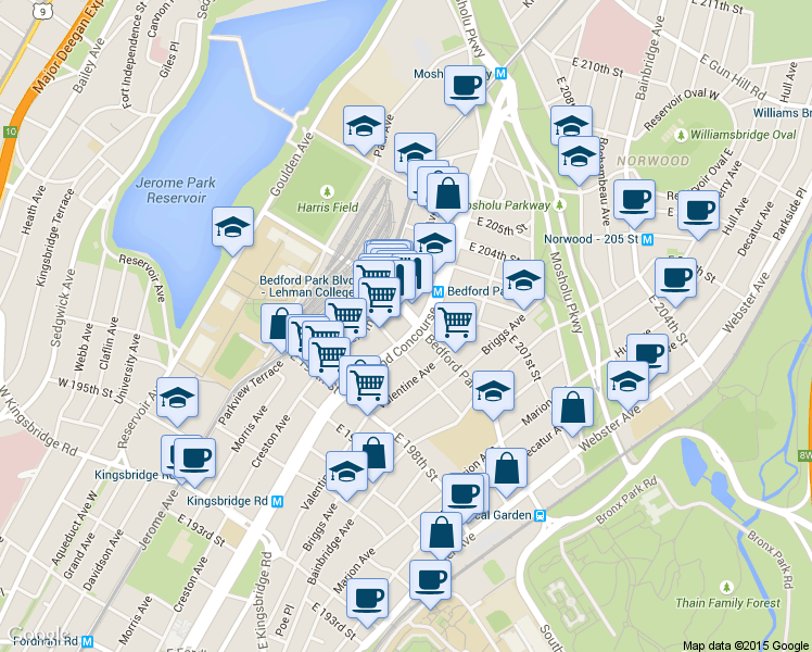 map of restaurants, bars, coffee shops, grocery stores, and more near in The Bronx