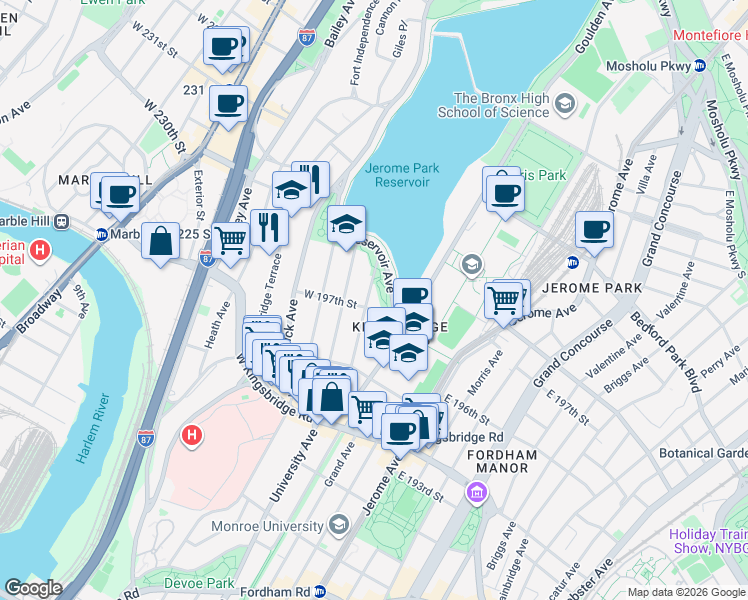 map of restaurants, bars, coffee shops, grocery stores, and more near in The Bronx