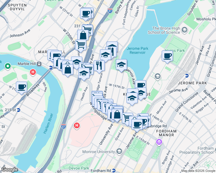 map of restaurants, bars, coffee shops, grocery stores, and more near 2796 Sedgwick Avenue in Bronx
