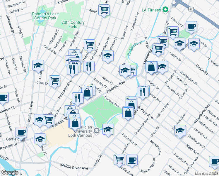 map of restaurants, bars, coffee shops, grocery stores, and more near 385 Passaic Avenue in Lodi