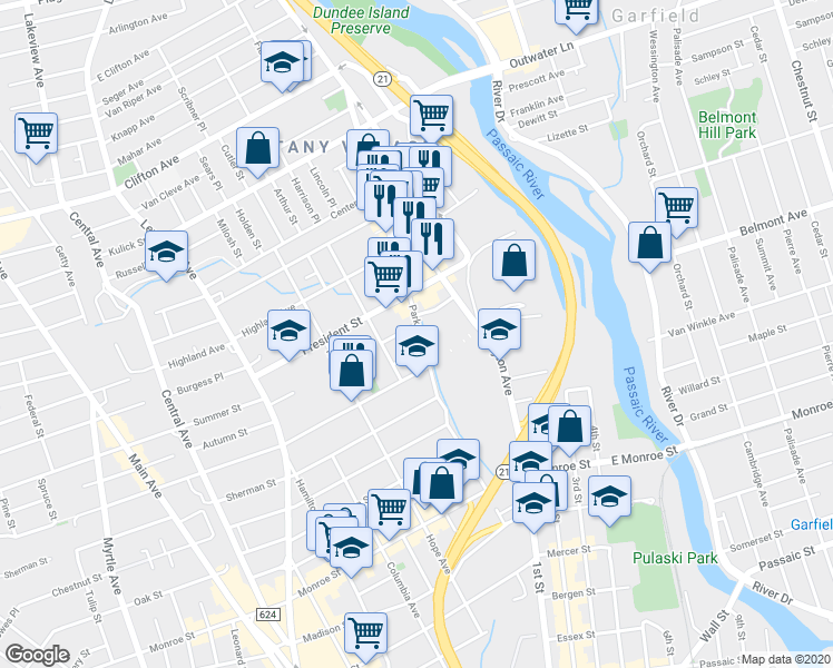 map of restaurants, bars, coffee shops, grocery stores, and more near in Passaic