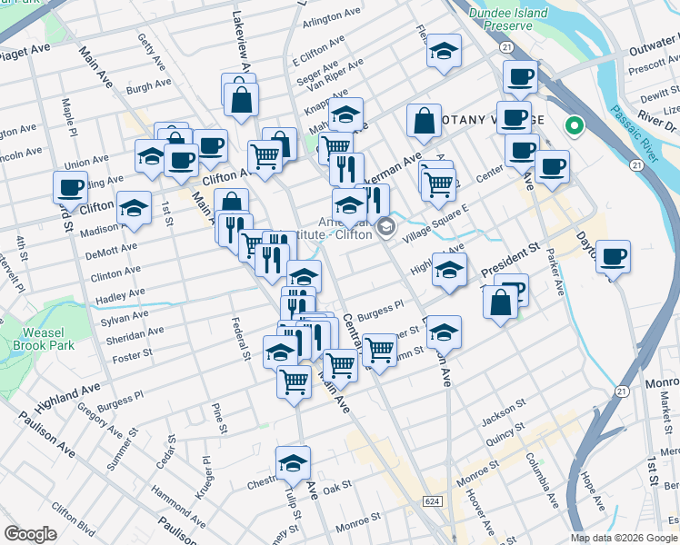 map of restaurants, bars, coffee shops, grocery stores, and more near 1 Central Avenue in Clifton