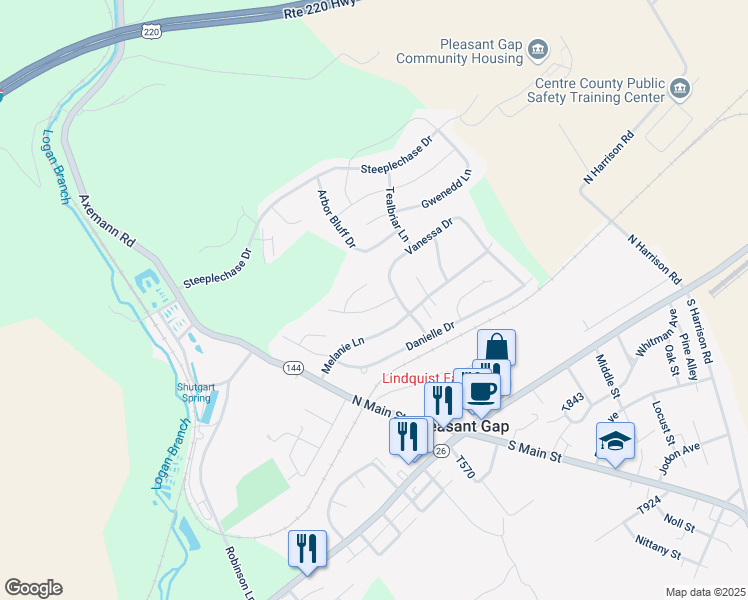 map of restaurants, bars, coffee shops, grocery stores, and more near 105 Patricia Lane in Bellefonte