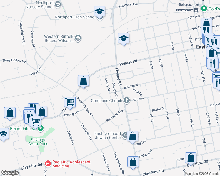 map of restaurants, bars, coffee shops, grocery stores, and more near 28 Cherry Street in East Northport
