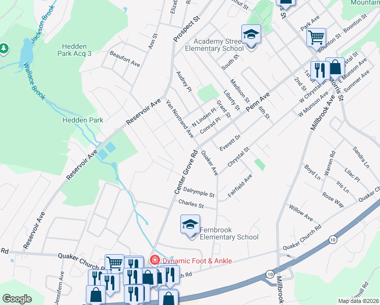 map of restaurants, bars, coffee shops, grocery stores, and more near 12 Center Grove Road in Randolph