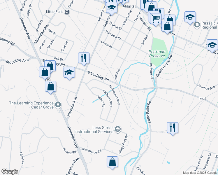 map of restaurants, bars, coffee shops, grocery stores, and more near 83 Anderson Parkway in Cedar Grove