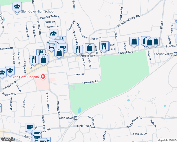 map of restaurants, bars, coffee shops, grocery stores, and more near 40 Titus Road in Glen Cove