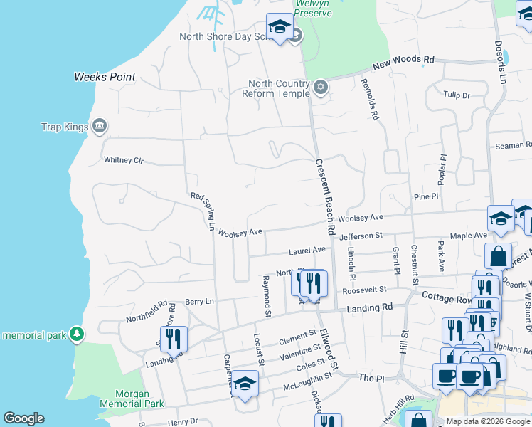 map of restaurants, bars, coffee shops, grocery stores, and more near 50 Harwood Drive East in Glen Cove
