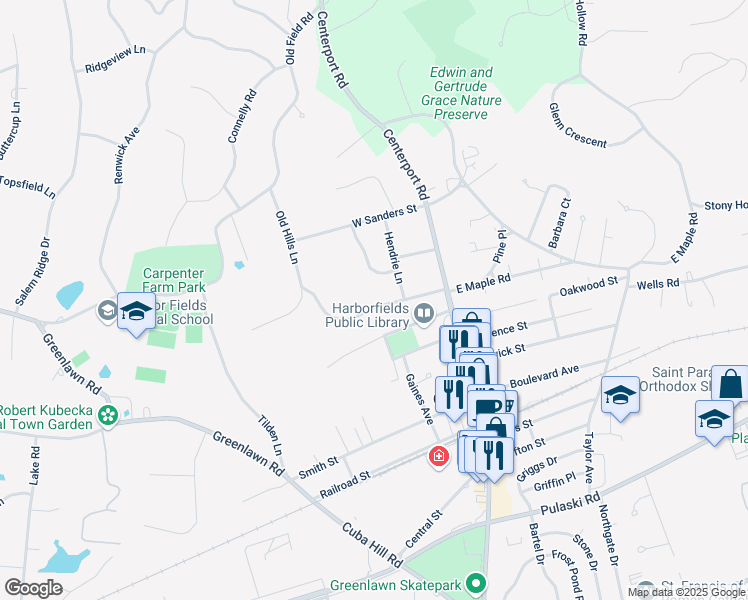 map of restaurants, bars, coffee shops, grocery stores, and more near 19 West Maple Road in Greenlawn