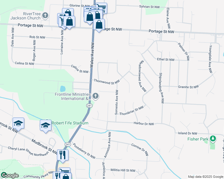 map of restaurants, bars, coffee shops, grocery stores, and more near 6841 Mapleridge Circle Northwest in Canton
