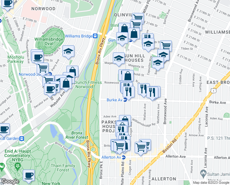 map of restaurants, bars, coffee shops, grocery stores, and more near 3225 Olinville Avenue in Bronx