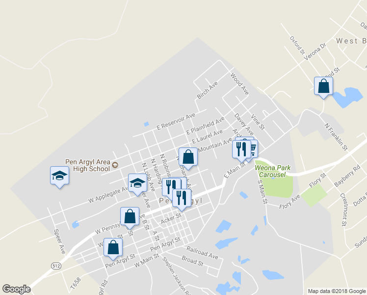 map of restaurants, bars, coffee shops, grocery stores, and more near 118 East Laurel Avenue in Pen Argyl