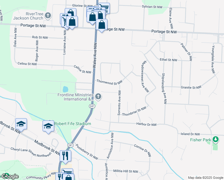 map of restaurants, bars, coffee shops, grocery stores, and more near 6841 Mapleridge Circle Northwest in Canton