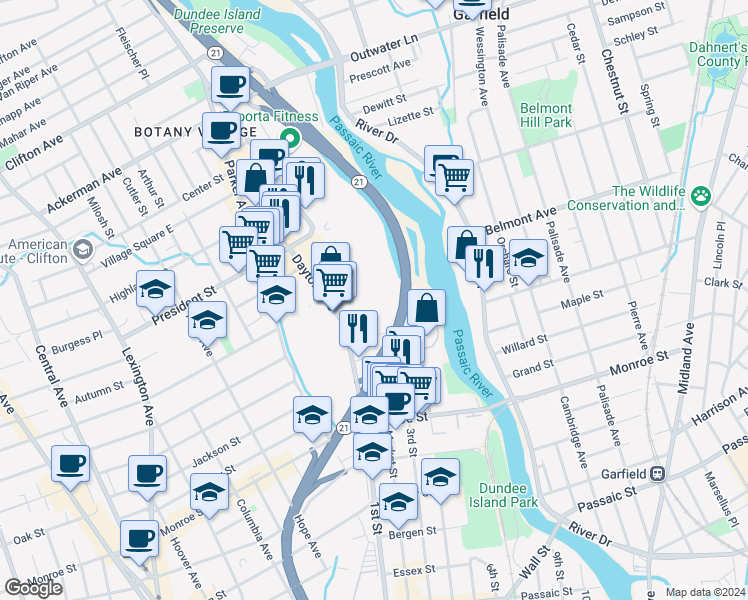map of restaurants, bars, coffee shops, grocery stores, and more near 88 Dayton Avenue in Passaic